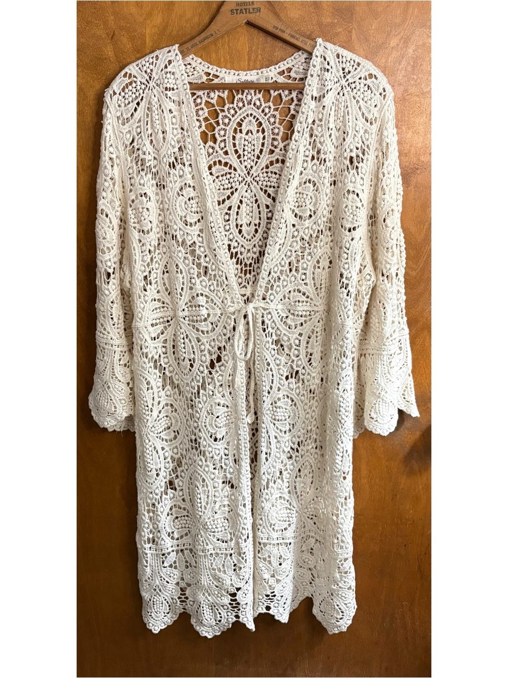 Cream Crochet Lace Tie Waist Kimono Jacket Sheer Open Knit Boho Fairy Festival